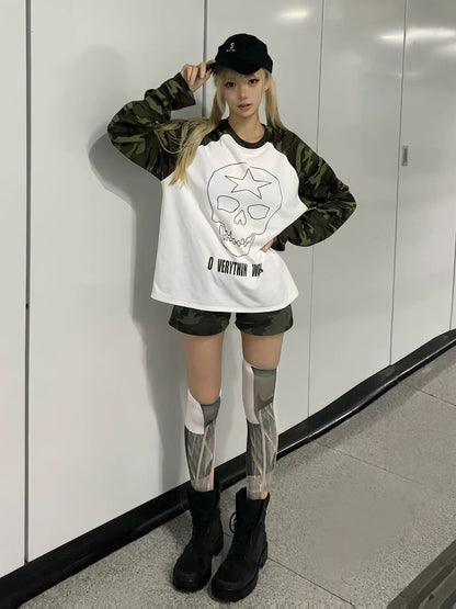 Y2K Camo Skull Long Sleeve Top