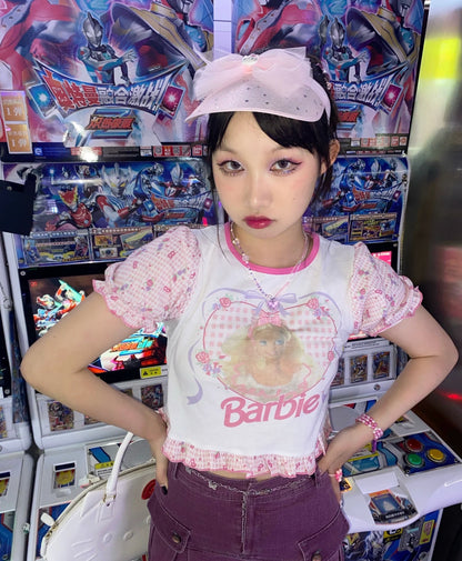 Barbie Pink Retro Sweet Bubble Sleeve Cropped Y2K T-Shirt