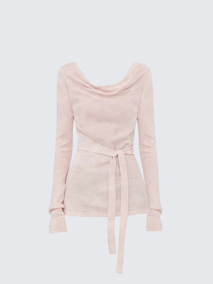 Pink Draped Tie Knit Long Sleeve Top Women