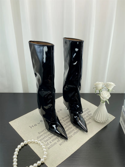 Fall Winter New European Sexy Red Patent Leather Knee High Thin Heel Luxury Pointed Toe Fashion Trouser Boots