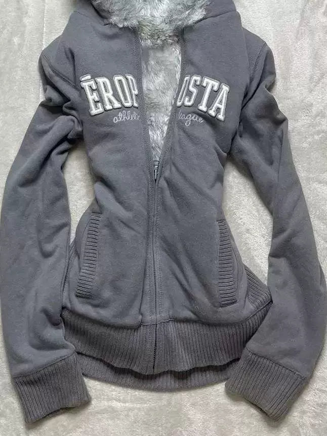 Gray Y2K Gothic Rock Punk Fleece-Lined Hoodie