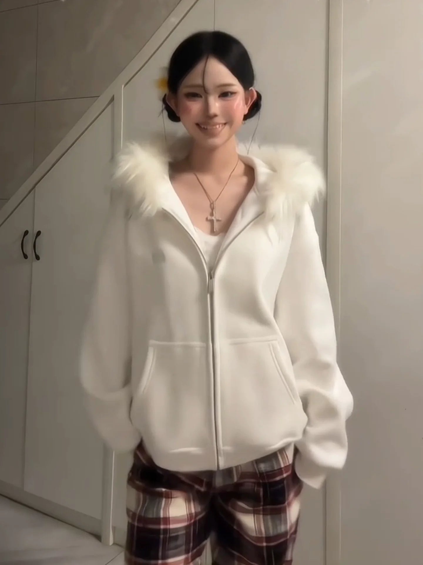 American Vintage Zip-Up Hoodie Fur Collar Heavyweight Outerwear