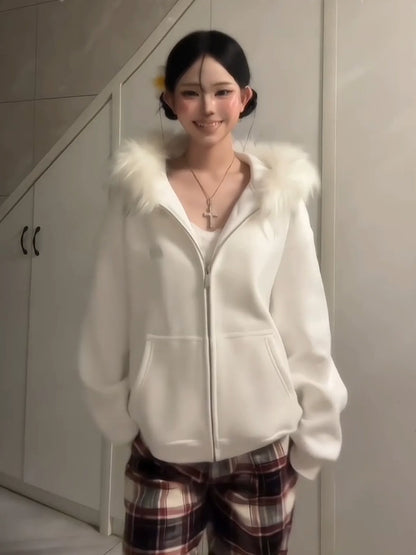 American Vintage Zip-Up Hoodie Fur Collar Heavyweight Outerwear