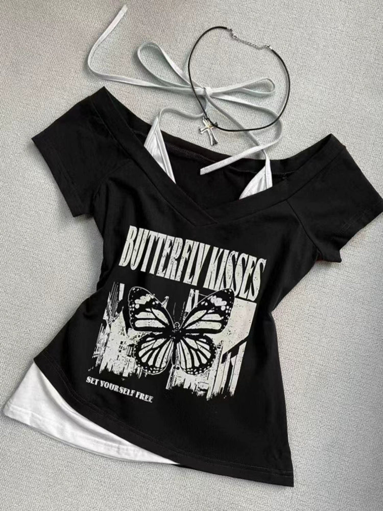 Black Vintage Fake Two-Piece Halter Y2K T-Shirt