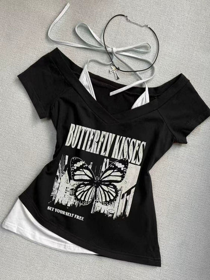 Black Vintage Fake Two-Piece Halter Y2K T-Shirt