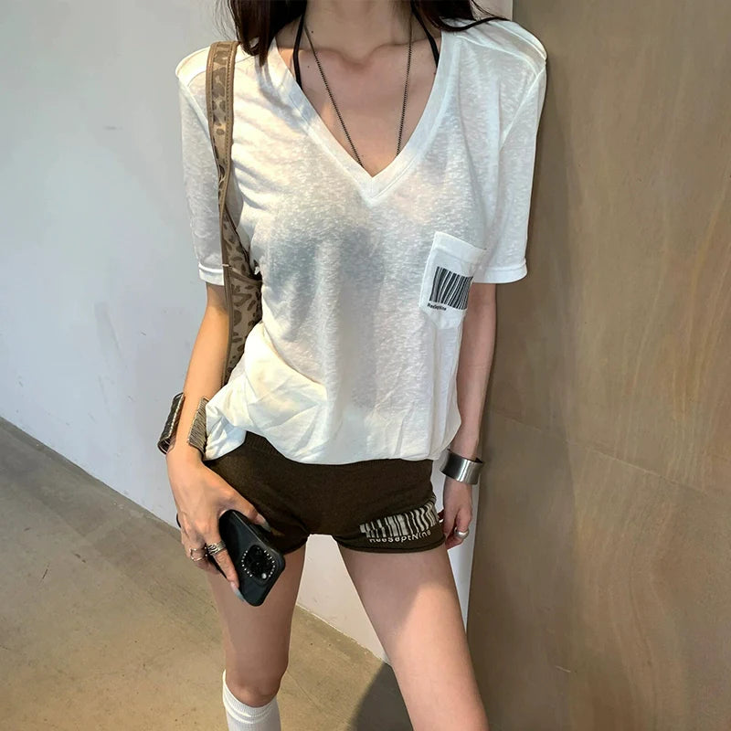 American White V-Neck Short Sleeve Tee Snow Cotton Relaxed Fit Top