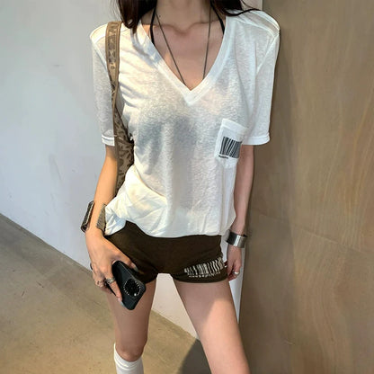 American White V-Neck Short Sleeve Tee Snow Cotton Relaxed Fit Top