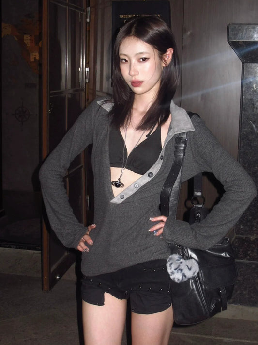 Elegant Deep V-Neck Knit Top  Suede Collar Slim Fit Ribbed Long Sleeve Blouse