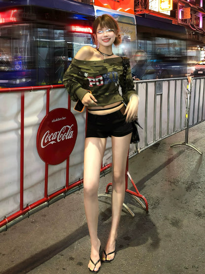 Retro Camo Off-Shoulder Sweatshirt Cropped Hot-Girl Top