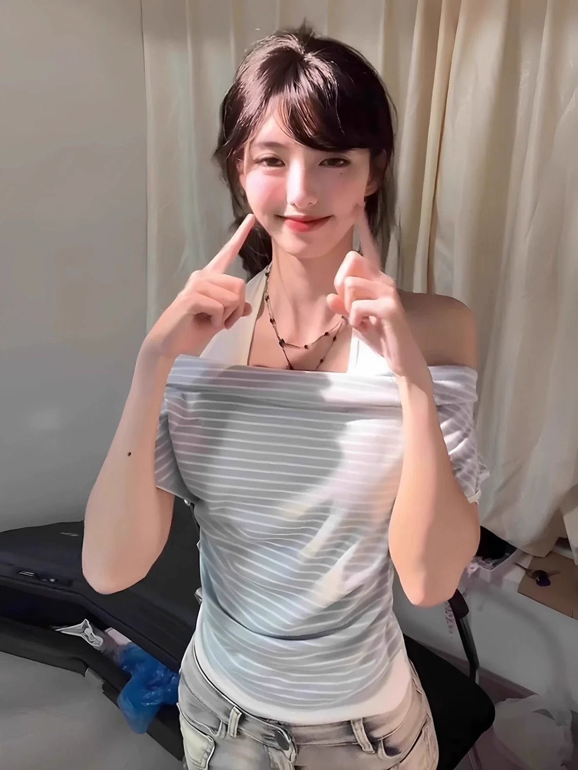 Striped Fake Two-Piece Off-Shoulder Subculture Y2K E-girl Light Subculture Striped Fake Two-Piece Off-Shoulder Short Sleeve Top