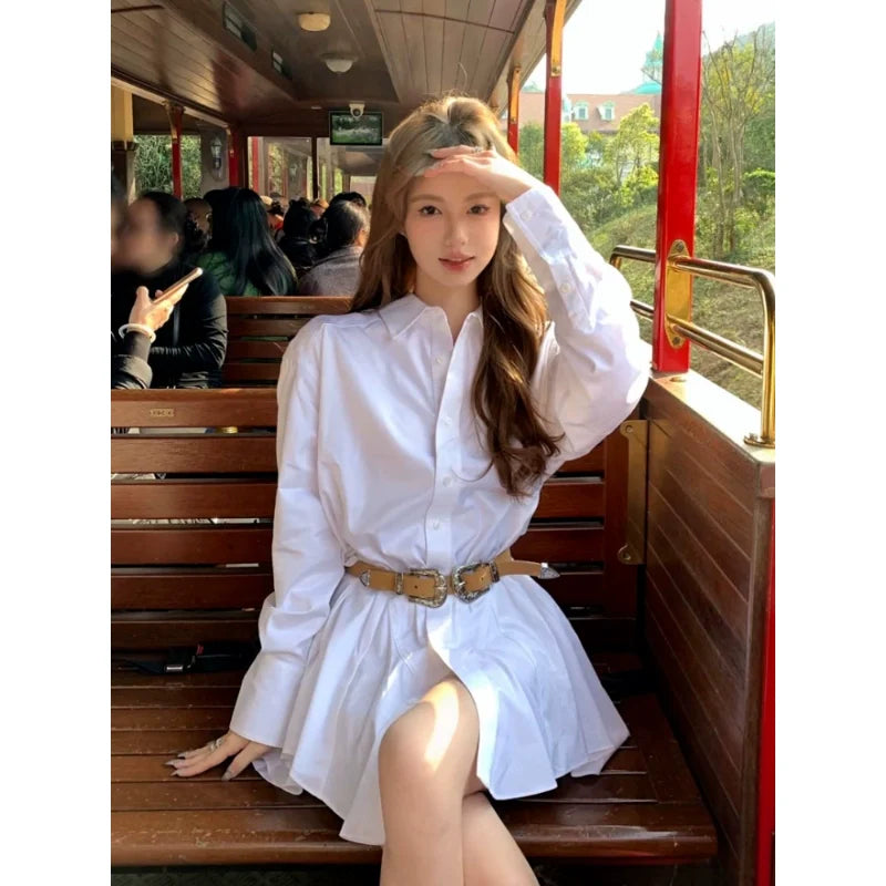 French White Collared Long-Sleeve Shirt Waist-Cinched Mini Dress