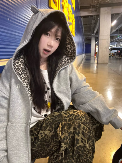 American Leopard Print Hoodie Heavyweight Zip-Up Sweatshirt