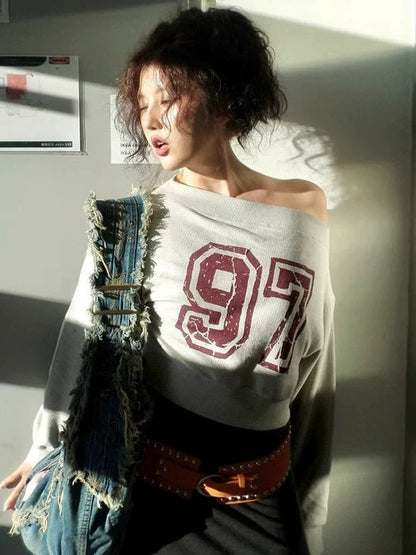 Gray [Blue Letter] Print Off-Shoulder Hoodie Subculture Y2K E-girl Light Subculture American Retro Abi Long-Sleeve Top