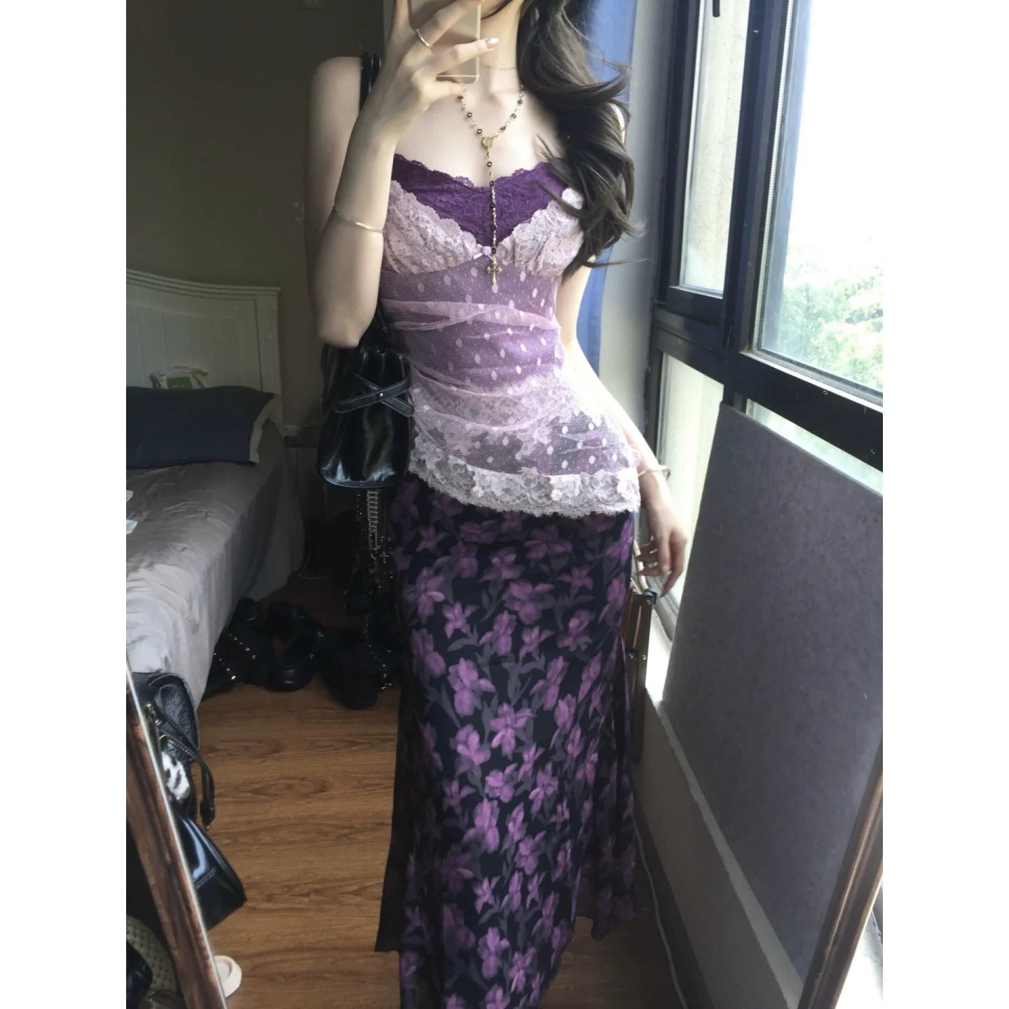 French Purple Lace-Paneled Camisole Waist-Cinched Maxi Dress