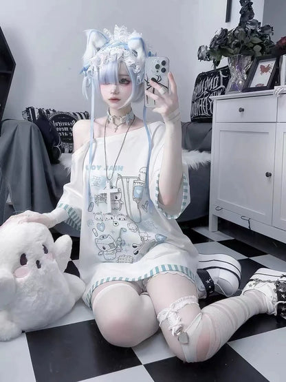 Light Blue (Mizuiro) Subculture Y2K E-girl Nurse Cat Striped Asymmetrical-neck Print Oversized Top