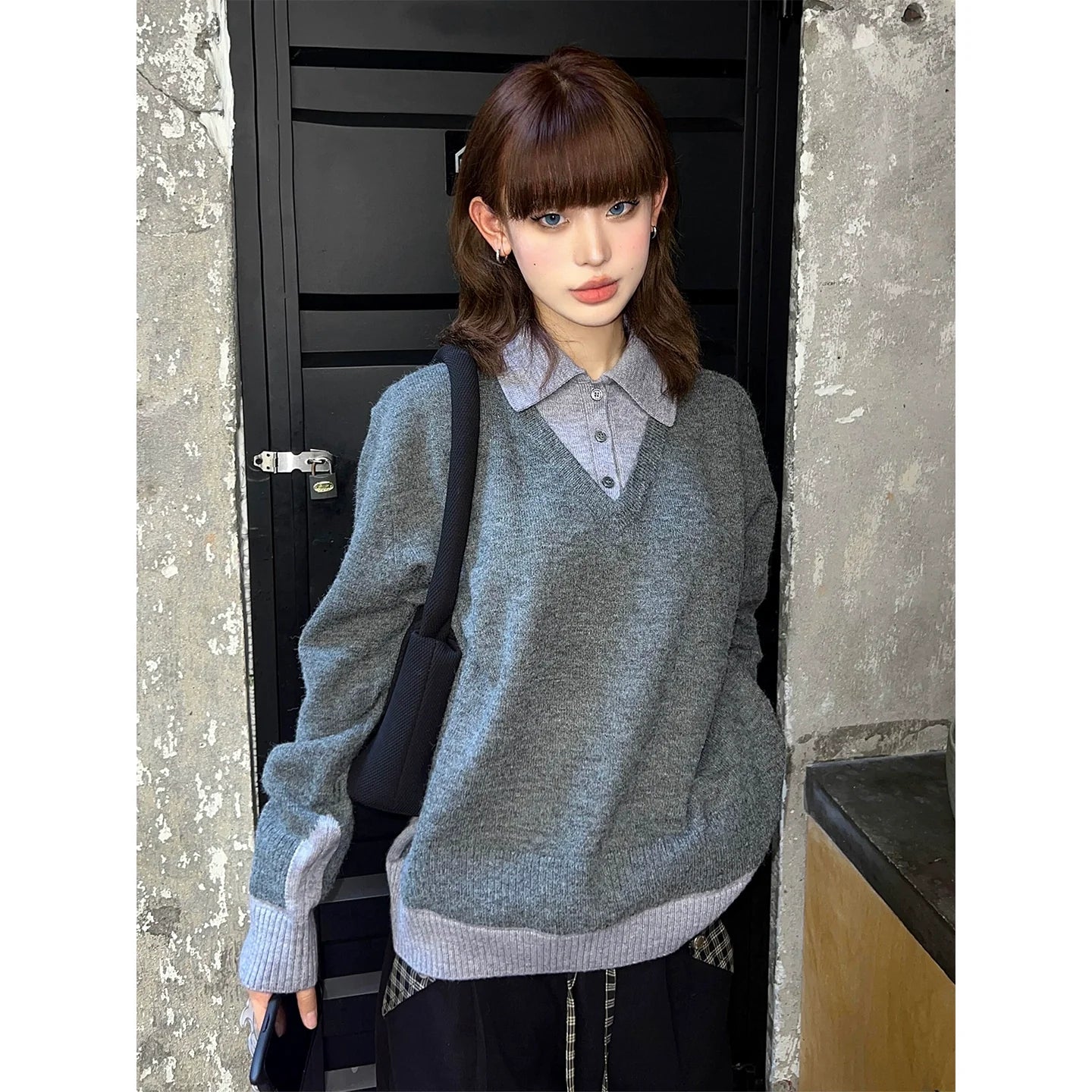 Colorblock Polo Collar Faux Layered Sweater Long Sleeve Loose Top