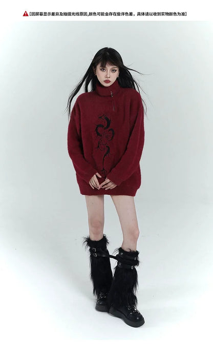 Red Y2K Retro Half-Zip Sweater