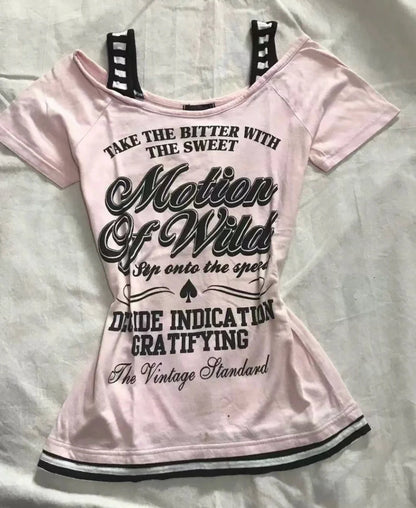 Pink Original Y2K E-girl Vintage Letter Print Slim-Fit Short Sleeve Top