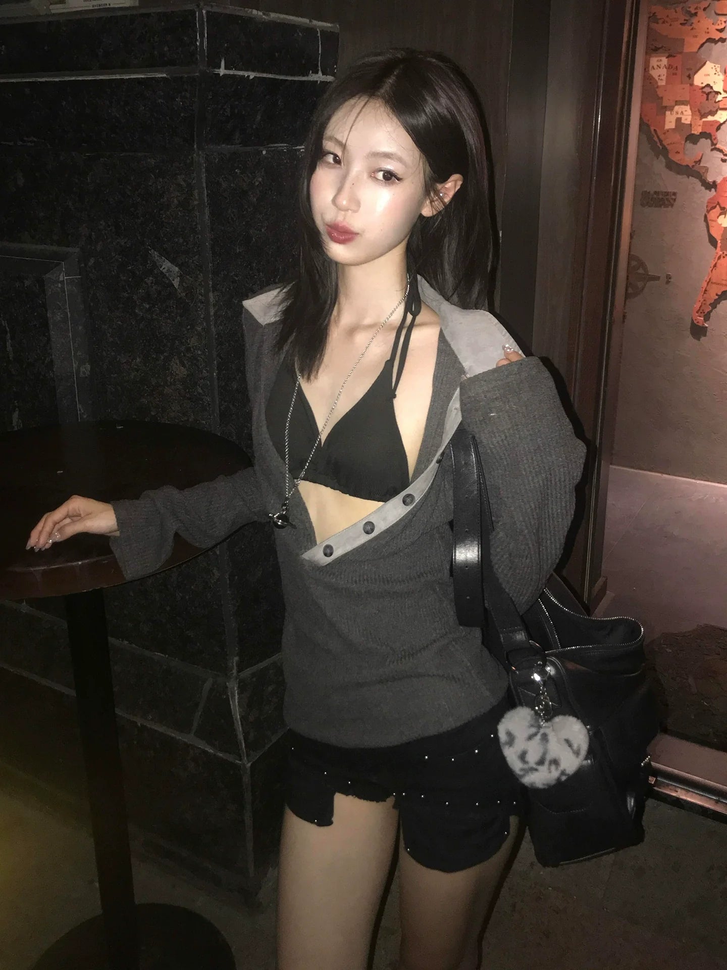 Elegant Deep V-Neck Knit Top  Suede Collar Slim Fit Ribbed Long Sleeve Blouse