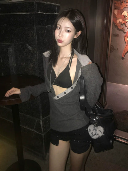 Elegant Deep V-Neck Knit Top  Suede Collar Slim Fit Ribbed Long Sleeve Blouse