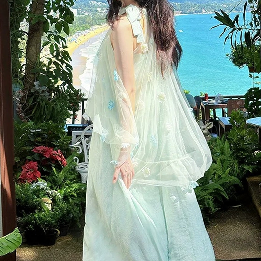 Blue 3D Flower Halter Tulle Gown Dress