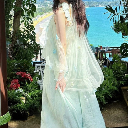 Blue 3D Flower Halter Tulle Gown Dress