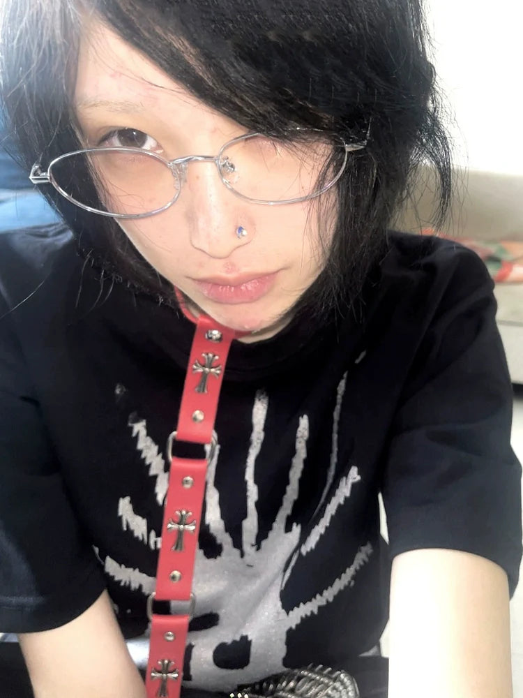 Y2K Black Polo Tee Skull Print Subculture Top