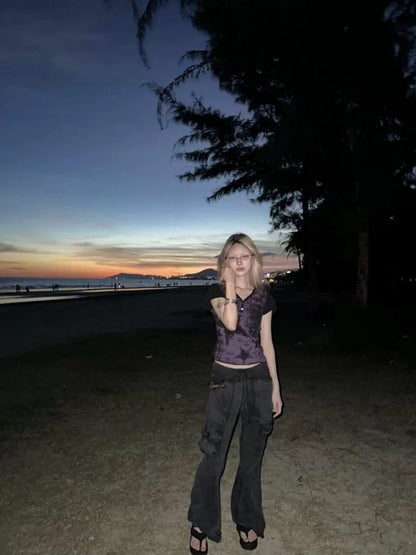 Black & Purple Subculture Punk Y2K E-girl Retro Star Print V-neck Slim-Fit Short Sleeve Top