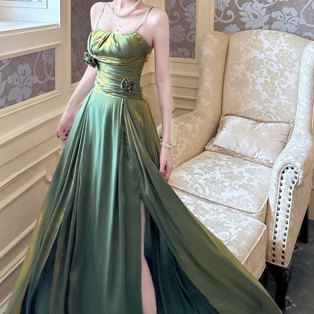 French Forest Floral Shimmer Spaghetti Gown Dress