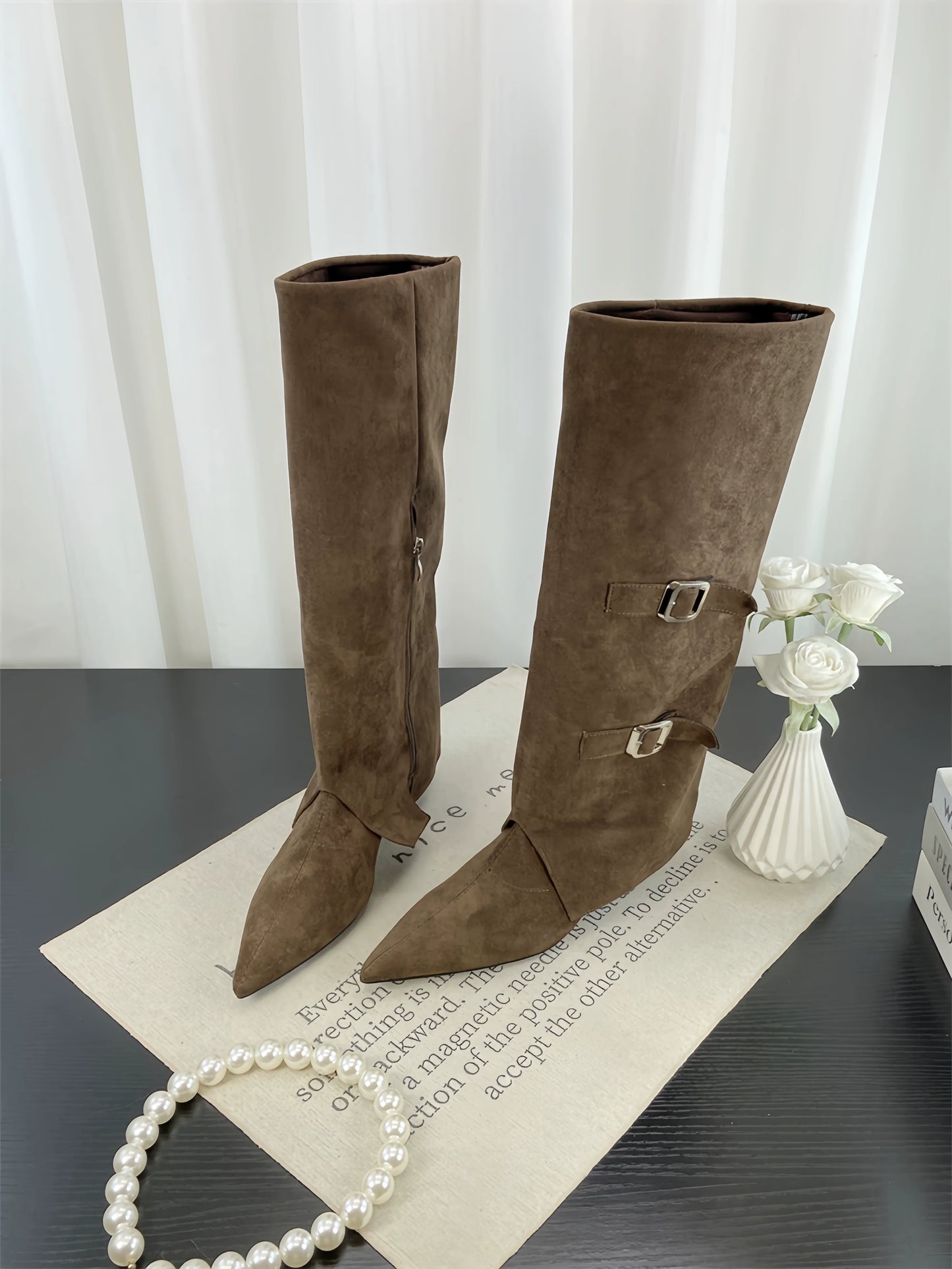 Fall Winter European Fashion Pointed Toe Wedge Knee High Buckle Suede Chunky Heel Spicy Girl Trouser Boots