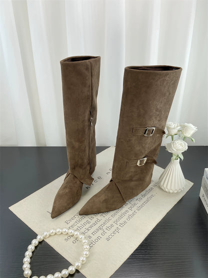 Fall Winter European Fashion Pointed Toe Wedge Knee High Buckle Suede Chunky Heel Spicy Girl Trouser Boots