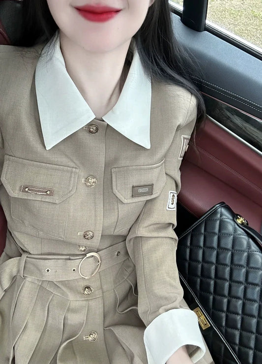 Retro American Badge Collar Pleated Panel Shirt Dress