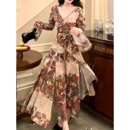 French Vintage Floral Layered Waist Gown Dress