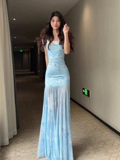French Blue Lace Tulle Camisole Mermaid Bodycon Maxi Dress