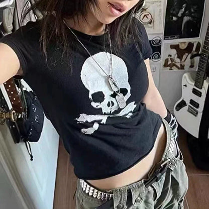 Black Gothic Vintage Skull Print Cropped Fitted Y2K T-Shirt
