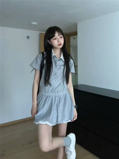 Preppy Style Fake Two-Piece Stripe Short-Sleeve Shirt Dress