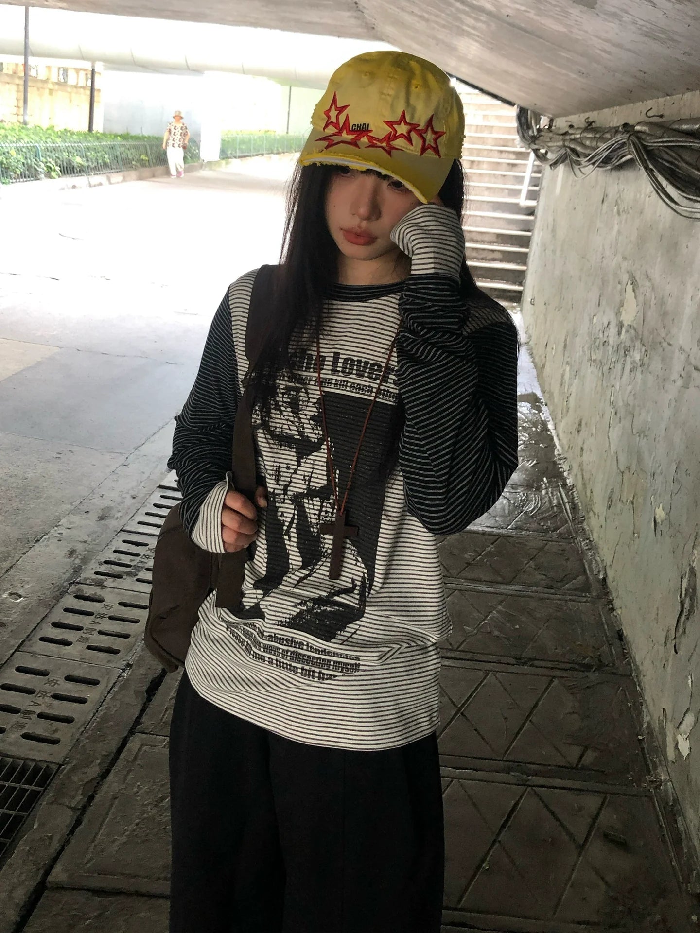 Punk Subculture Striped Long Sleeve Tee Vintage Layered Street Top