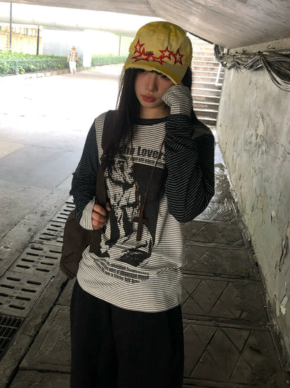Punk Subculture Striped Long Sleeve Tee Vintage Layered Street Top