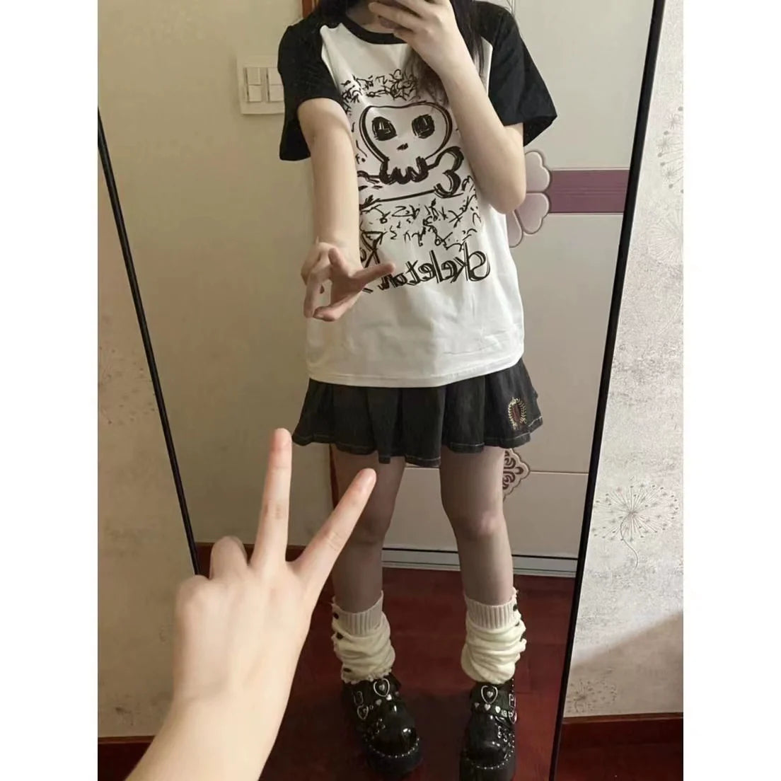 Black and White Bone Print Color Block Raglan Sleeve Oversized Y2K T-Shirt
