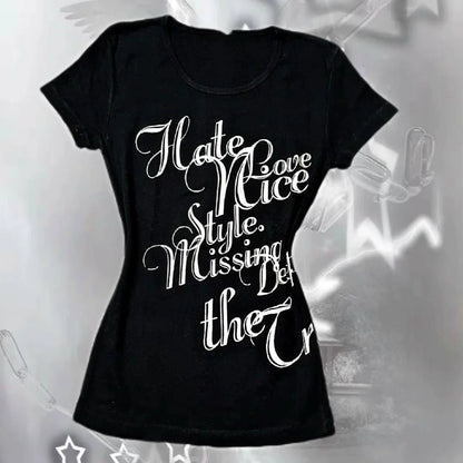 Black Subculture Punk Y2K E-girl Shibuya Girl Abi Vintage Print Slim Light Subculture Short Sleeve Top