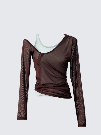 Mesh Layered Cutout Long Sleeve Tee Women