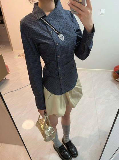 Designer Asymmetrical Collar Plaid Shirt Slim Fit Vintage College Top