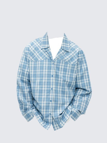 Blue Check Cuban Collar Long Sleeve Shirt