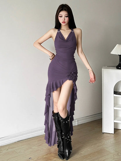 Soft Elegant Cowl-Neck Halter Sleeveless Ruffled Panel Figure-Flattering Asymmetrical Dress