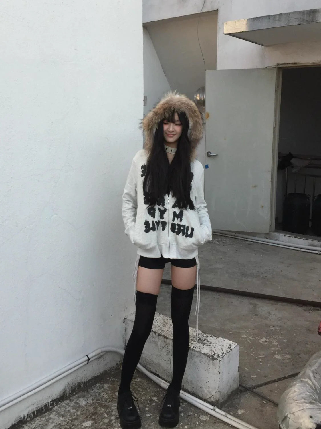Fur-Collar Hoodie Jacket [Spring-Autumn] Subculture Punk Y2K E-girl Abi American Style Light Subculture Long-Sleeve Jacket