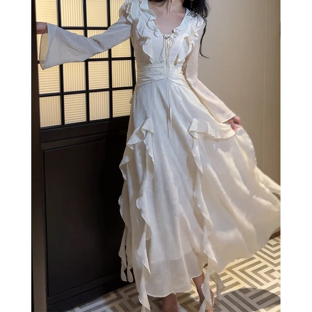 French Fairy V Neck Long Sleeve Ruffle Mermaid Gown Dress
