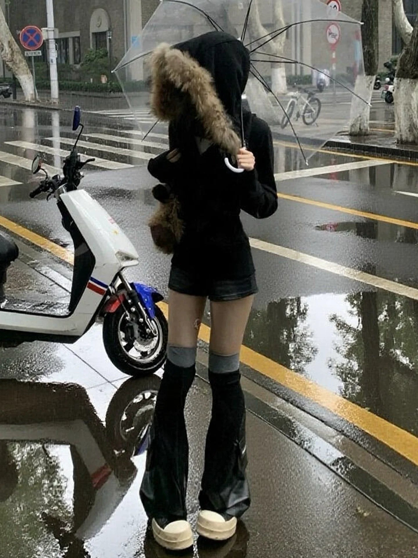 American Fitted Fur Hoodie Zip-Up Cropped Sweatshirt Jacket