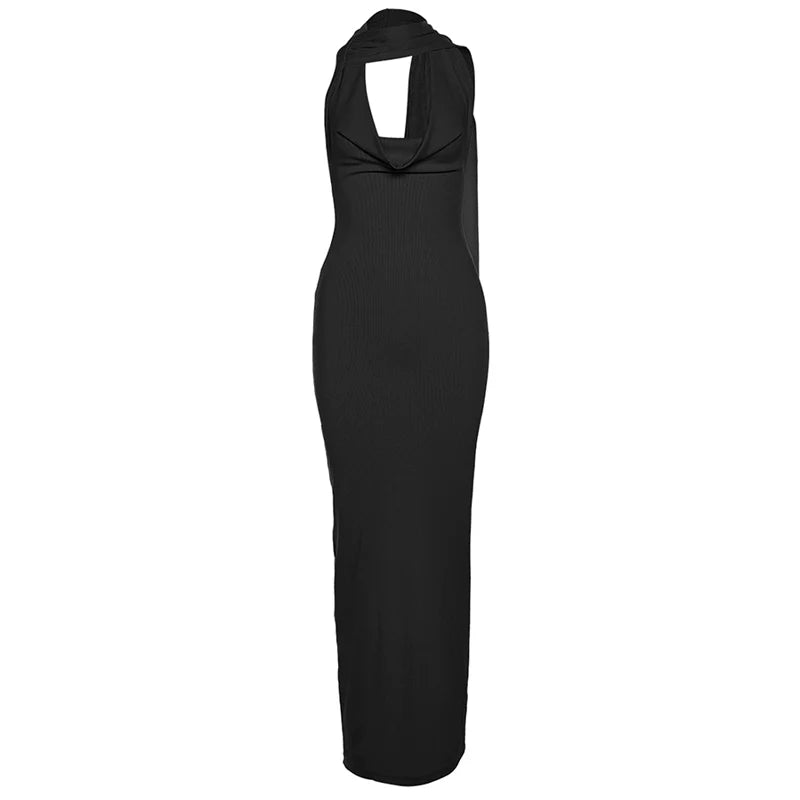 Sexy Halter Cowl-Neck Open-Back High-Slit Maxi Dress