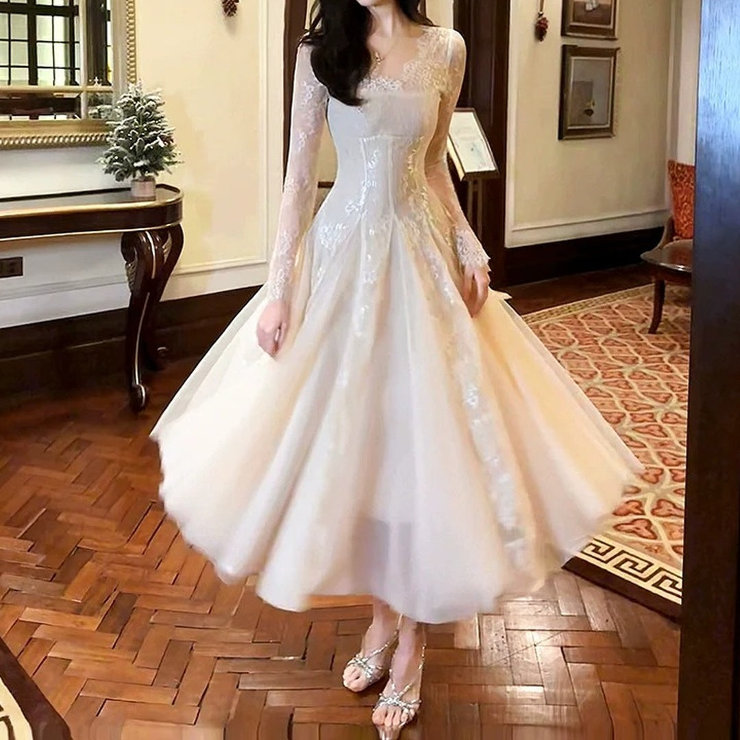 French Vintage Long Sleeve Lace Gown Dress