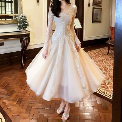 French Vintage Long Sleeve Lace Gown Dress